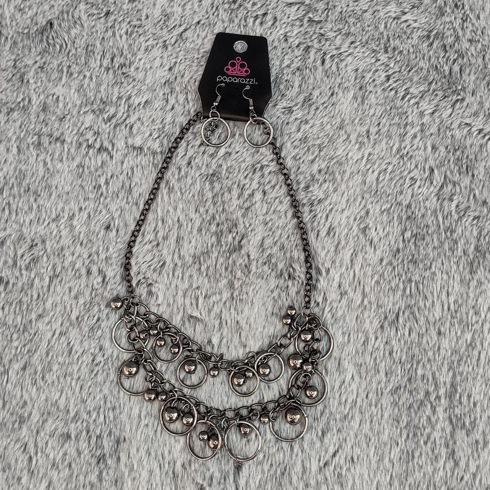 Paparazzi Gunmetal Grey Warning‎ Bells Necklace & Earrings Set